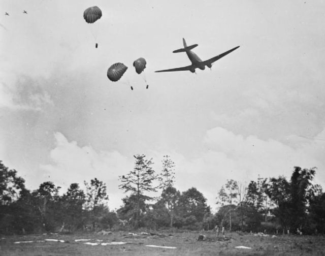Due to the thickness of the jungle, and presence of Japanese forces, most supplies had to be airdropped to the besieged British garrison. Source: Wiki/ public domain.