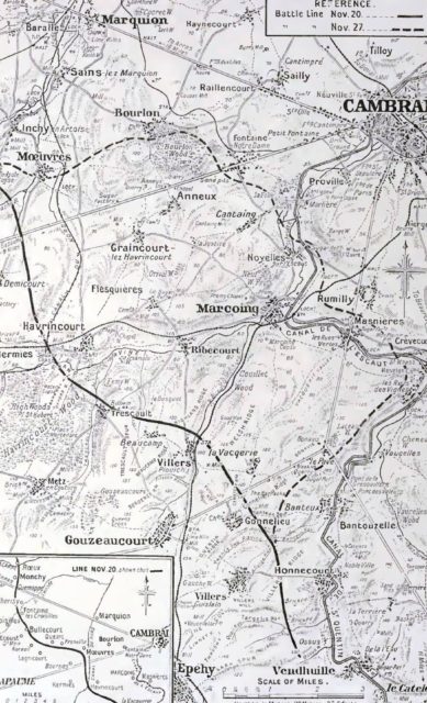 A map of the Cambrai Area, the troops got with in 3 miles of their final objective on the first day of fighting. These kinds of numbers hadn't been seen since the beginning of the war. The only major difference: the tank. Source: wiki/ public domain