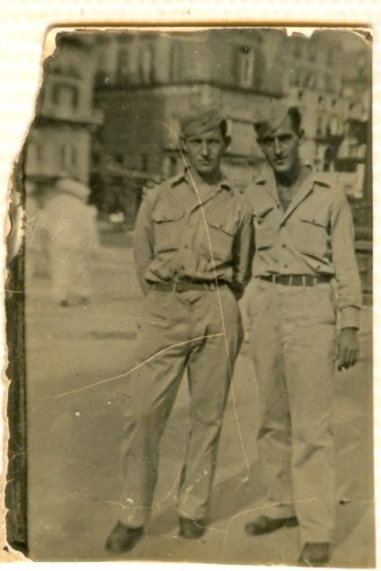 Clem Dowler (left) with fellow B-17 crew member Regis Carney in wartime London. Source: Clement Dowler.