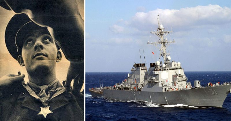 John Basilone and a USS DDG-51ship. Source: Wikipedia/ Public Domain