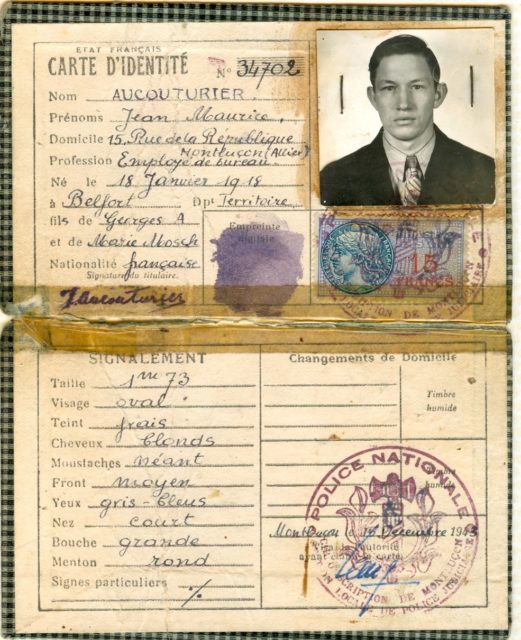 Clem’s forged French identification identifying him as “Jean Maurice Aucouturier”