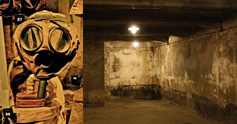 Gas mask from an Imperial War Museum and a gas chamber in Auschwitz.  
Source:  jamiejohndavies CC BY 2.0 (left) and By Illogical2007 - Own work, CC BY-SA 3.0, https://commons.wikimedia.org/w/index.php?curid=29097854 (right)