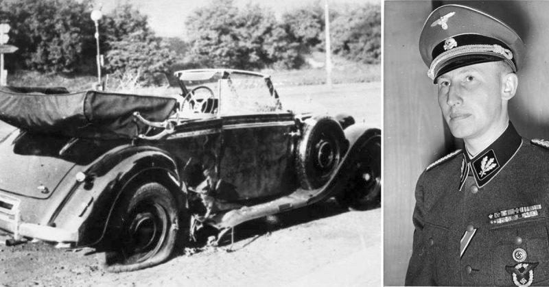Reinhard Heydrich and the Mercedes-Benz in which Heydrich was mortally wounded. By Bundesarchiv - CC BY-SA 3.0 de
