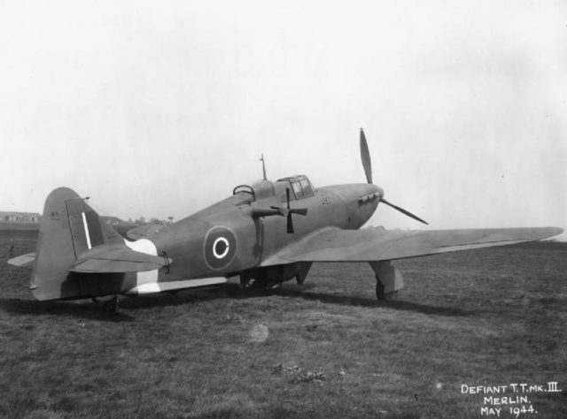 A Defiant being used as a target tug. That extra propeller was a wind powered generator for an electric winch, pulling in the glider target behind it. Source: wiki/ public domain.