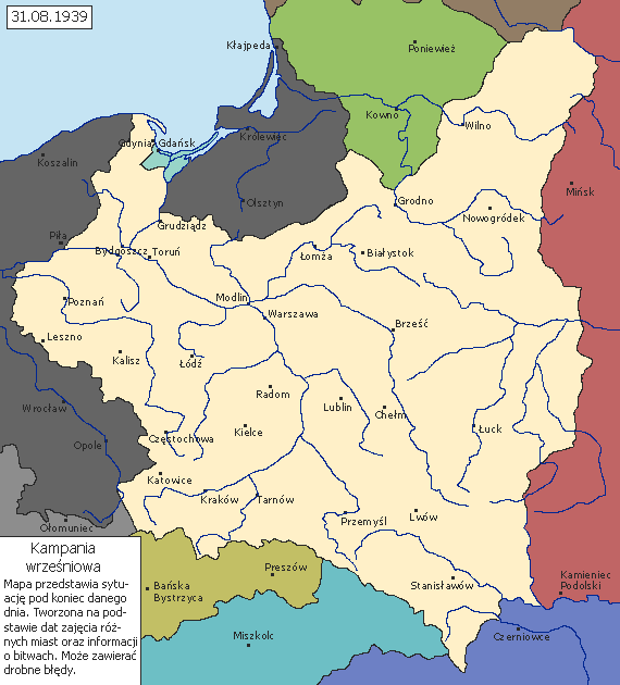 Map of the September Campaign. Note the changees since 17th of September [By GrzegorzusLudi - Praca własna, na podstawie dat zajęcia różnych miast oraz informacji o bitwach. Own work, based on dates of occupation of various cities and informations about battles., CC BY 3.0, https://commons.wikimedia.org/w/index.php?curid=25881636]