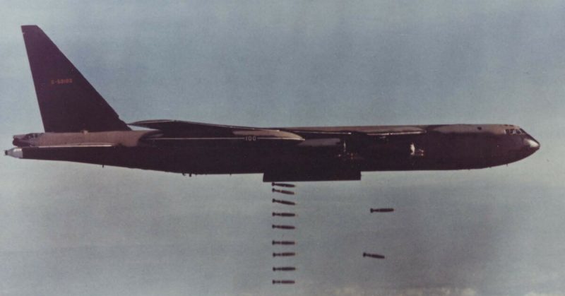A B-52 dropping bombs on North-Vietnam during Operation Linebacker. 