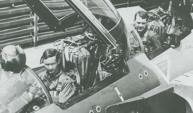 Maj. Robert Lodge and Maj. Roger Locher in the cockpit of their F-4D Phantom II jet, seen earlier in 1972. The team had shot down two MiGs when they clashed with MiG-21s and Shenyang J-6 (Chinese MiG-19s) jets on the morning of 10 May 1972 and were shot down. Lodge decided not to eject and was killed. Locher was recovered 23 days later in the deepest search and rescue operation inside North Vietnam. Source: By U.S. Air Force - http://www.acig.org/artman/publish/printer_345.shtml, Public Domain, https://commons.wikimedia.org/w/index.php?curid=14817408