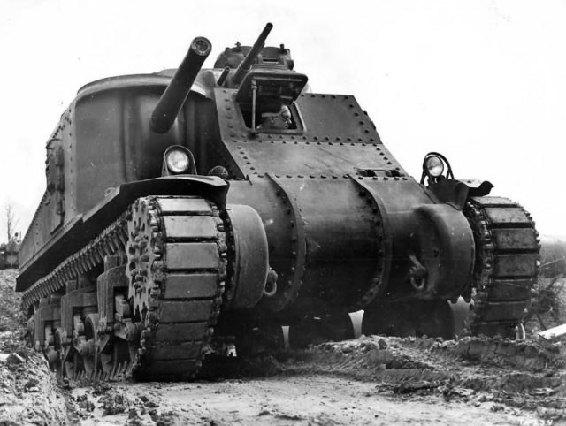 A Lee Grant tank being tested in the US. Tanks were the only way to break the stalemate at the tennis court, firing almost point blank into Japanese bunkers. Source: Wiki/ public domain.