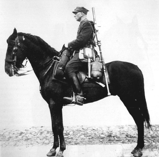 Polish uhlan with wz. 35 anti-tank rifle. By Ministerstwo Wojny 1938 - Ministerstwo Wojny, "Instrukcja o noszeniu, troczeniu i pakowaniu wyposażenia kawalerii", Warszawa 1938., Public Domain, https://commons.wikimedia.org/w/index.php?curid=31913573