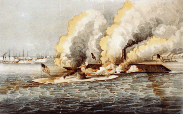 Currier and Ives illustration "Ironclads engaged in terrific combat". Wikipedia / Public Domain