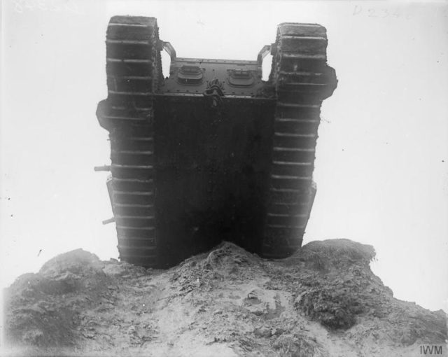 A terrifying sight. Taken during training at Wailly in England, this picture demonstrates what was likely the last site for many Germans at Cambrai. Once the British tanks hit the trenches, the German lines crumbled, and the British were able to advance 5 miles in a matter of hours. This was almost unheard of before the wide scale use of tanks. Source: Wiki/ public domain