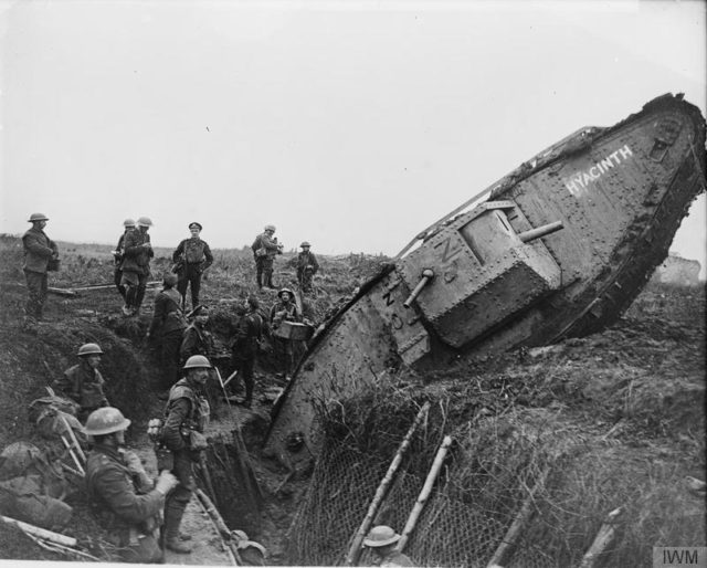 Not all tanks made it, this one was trapped by sliding mud and a deep trench. © IWM (Q 6432)