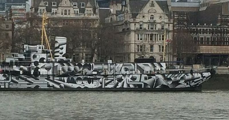 HMS President was painted by Tobias Rehberger in 2014 to commemorate the use of dazzle camouflage in World War 1. Wikimedia Commons / DieSwartzPunkt / CC BY-SA 3.0