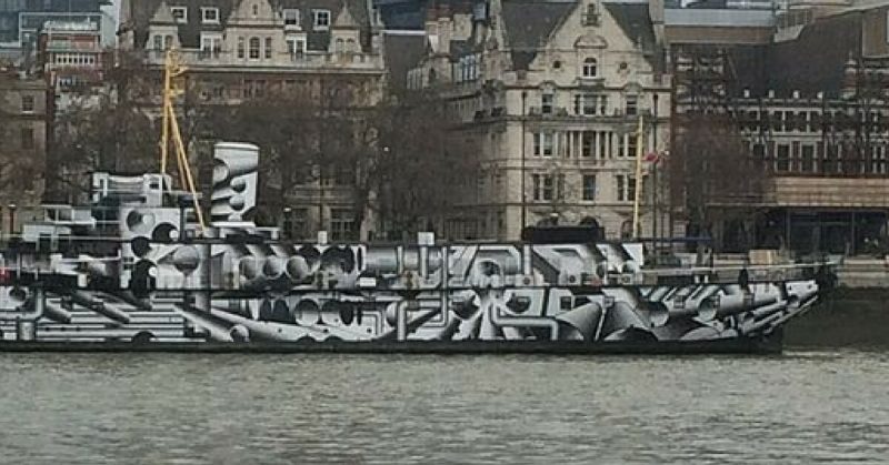 HMS President was painted by Tobias Rehberger in 2014 to commemorate the use of dazzle camouflage in World War 1. Wikimedia Commons / DieSwartzPunkt / CC BY-SA 3.0