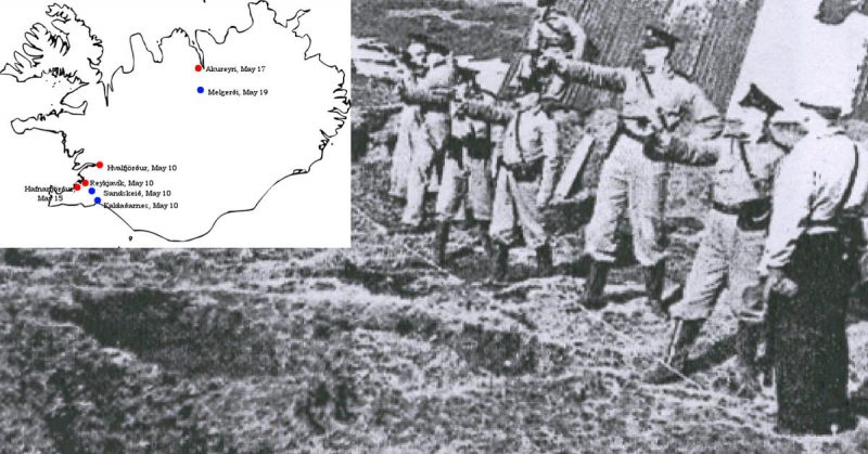 Left: The map of Iceland with marked strategic points. Right: Icelandic police officers undergoing firearms instruction in 1940.
