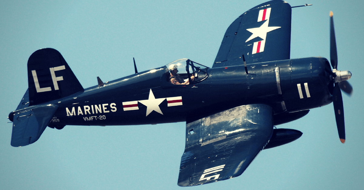 A restored F4U-4 Corsair in Korean War-era U.S. Marine Corps markings. By Gerry Metzler - CC BY-SA 3.0
