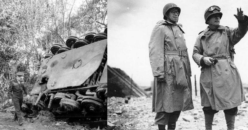 Left: General Eisenhower reviews damage (including a wrecked Tiger II) in the pocket at Chambois; Bradley and Collins near Cherbourg.
