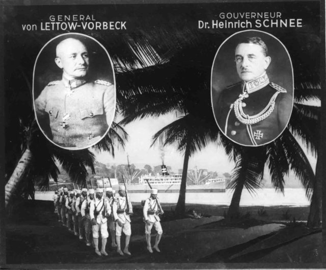 A poster advertising German East Africa, with Lettow Vorbeck and Heinrich Schnee, though the two men hated each other, they were used together for propaganda. Image Source: Wikipedia/ public domain.