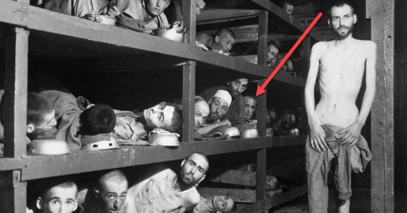 Buchenwald concentration camp, photo taken April 16, 1945, five days after liberation of the camp. Wiesel is in the second row from the bottom, seventh from the left, next to the bunk post. (Wikipedia / Public Domain)