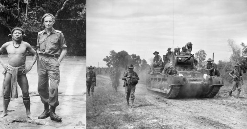 Informal portrait of Major G. S. Carter DSO and a leading member of the Brunei native underground movement after Major Carter had parachuted into the country (photo left), Troops from the Australian 2/43rd Infantry Battalion (photo right), 1945.
Source: Wikipedia/ Public Domain