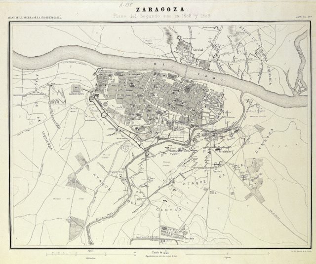 A map of Zaragoza from 1868. The French attacks came from the south, along the River (Rio) Huerva. Monte Tererro (here Torerro) is in the bottom center. Source: wiki/public domain.
