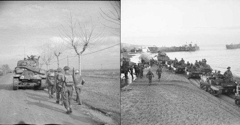 A Sherman tank of 46th Royal Tank Regiment supporting Irish Guardsmen north of Anzio (photo left) and Universal carriers,25 January 1944 and a Sherman tank on the beach at Anzio, 22 January 1944.(photo right). Source: IWM - http://www.iwm.org.uk/collections/item/object/205207216