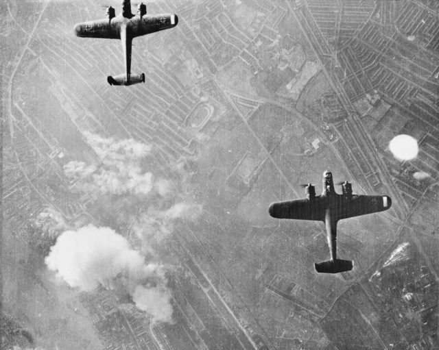 Two German Dornier 17 bombers over West Ham in London during a raid on the first day of the Blitz, 7 September 1940