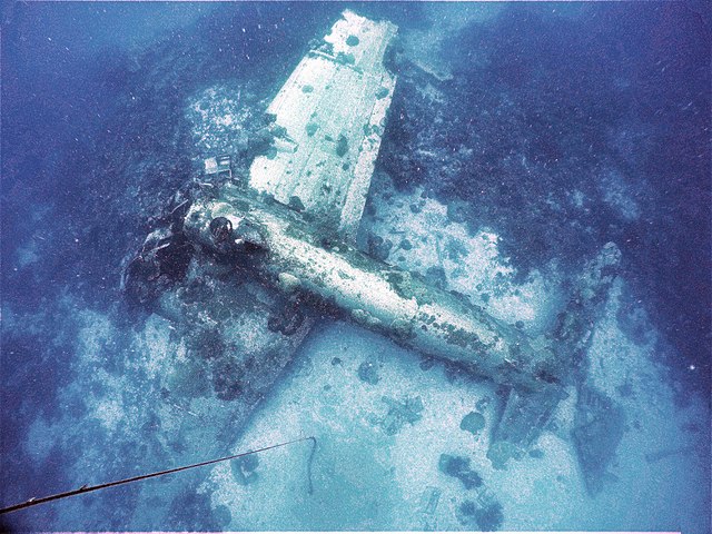 Wreck of a Mitsubishi G4M Betty on the seafloor
