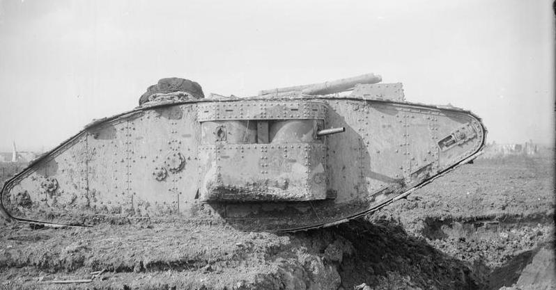 British tank crossing a trench whilst on its way to take part in the Battle of Cambrai.