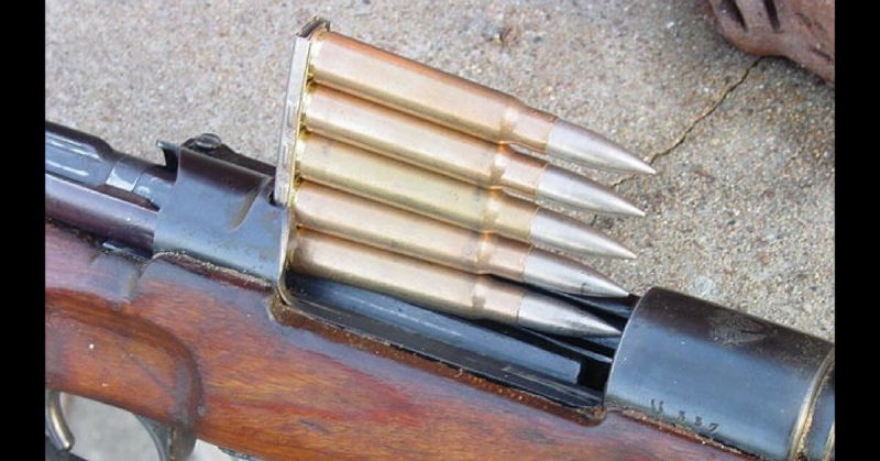 Karabiner 98K stripper clip with 8x57mm Mauser rounds. <a href=https://commons.wikimedia.org/wiki/File:K98kclip.jpg>Photo Credit</a>