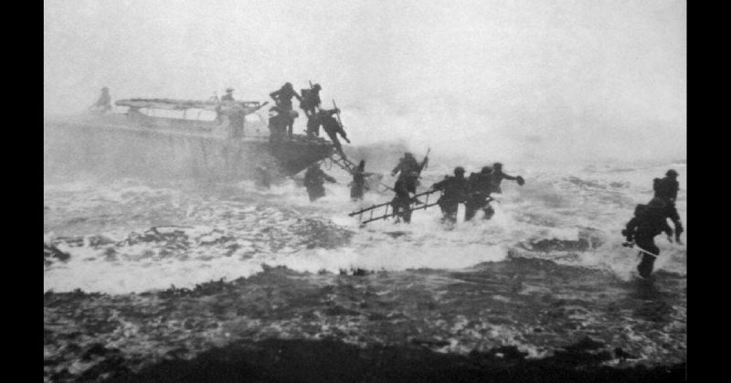 The famous landing photo, taken during a training exercise in Scotland. Jack Churchill can be seen on the far right of the photo, sword in hand.  