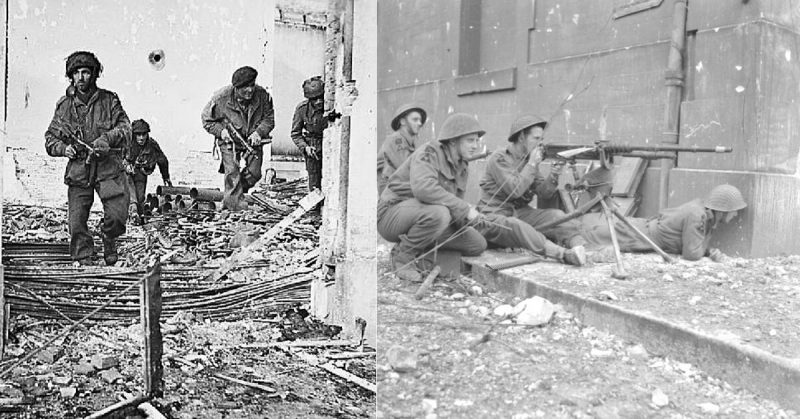 Left: British paratroopers moving through a shell-damaged house in Oosterbeek, Holland, 1944.  Right: Members of the King's Own Scottish Borderers at Caen, 1944. 