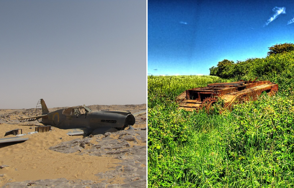 Curtiss P-40 Kittyhawk half-buried in the sand + Rusty Churchill M2 tank in a grassy field