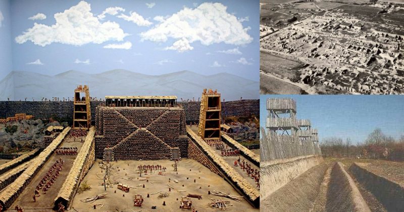 Left: Model of the siege of Avaricum. Rolf Müller - CC BY-SA 3.0 Right Top: Ruins of Carthage. Photo taken in 1950. Right Bottom: A reconstructed section of the Alesia investment fortifications. Mariule - CC BY-SA 3.0