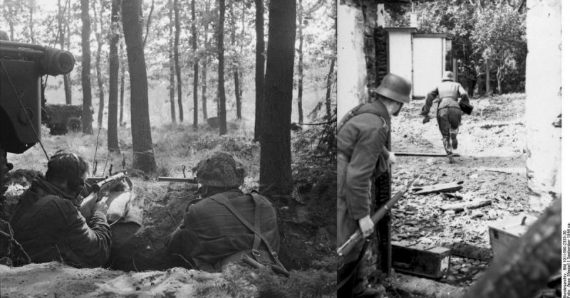 Left: Two troopers dug in near Oosterbeek on 18 September, showing the woodland fought in on the western side of the British perimeter, Right: German forces in Oosterbeek. There was bitter house to house fighting around the perimeter. Bundesarchiv - CC BY-SA 3.0 de