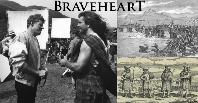 Left: Gibson (right) on set with 20th Century Fox executive Scott Neeson.  - By Scott Neeson CC BY-SA 3.0. 
Right Top: A Victorian depiction of the battle. Right Bottom: One of the earliest depictions of the kilt is this German print showing Highlanders in about 1630.