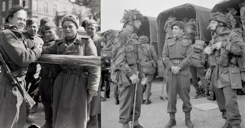 Left: Canadian and Russian troops meeting at Wismar, Right: Personnel of the 1st Canadian Parachute Battalion, about to leave for the D-Day transit camp, England, May 1944. By Library and Archives Canada CC BY 2.0 