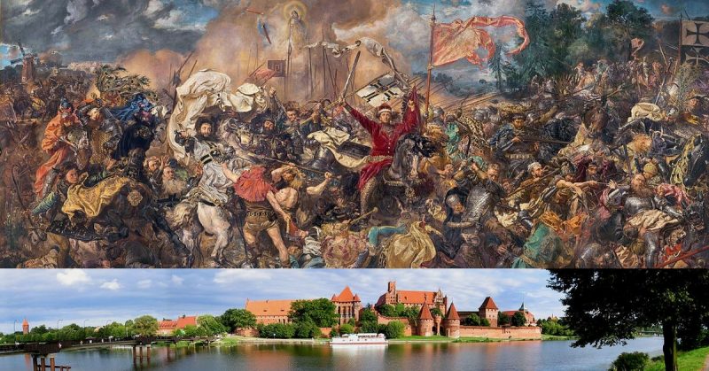 Top: Battle of Grunwald, by Jan Matejko. Bottom: Malbork Castle. By Thomas Stegh - CC BY-SA 3.0 
