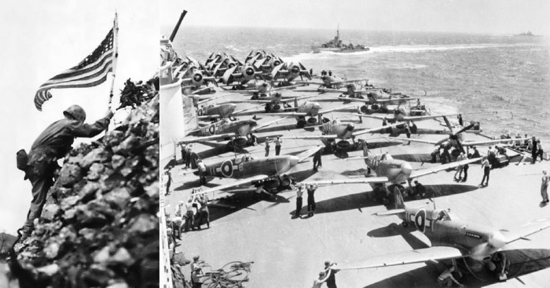 Left: The US flag is raised at Shuri. Right: Royal Navy Fleet Air Arm Avengers, Seafires and Fireflies on HMS Implacable warm up their engines before taking off 