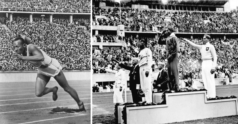 Left: Owens at the record-breaking 200 meter race in Berlin. Right: Owens at first place for the Long Jump, Lutz at second. By Bundesarchiv - CC BY-SA 3.0 de