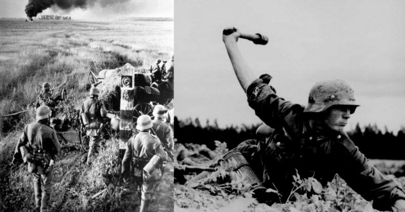 Left: Wehrmacht crossing the border of the USSR at the beginning of the Operation Barbarossa (Public Domain / Wikipedia). Right: German infantrymen fighting in Russia (Public Domain / United States National Archives)
