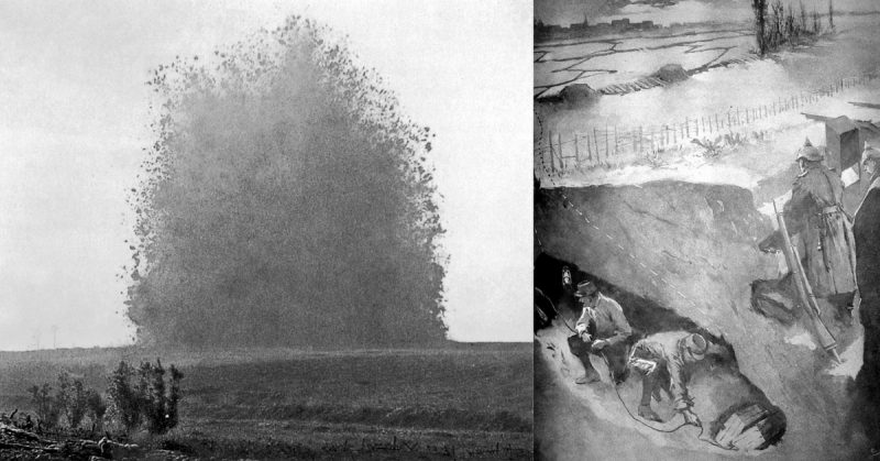 Left: The explosion of the mine under Hawthorn Ridge Redoubt, 1 July 1916  Right: French soldiers installing a mine under German positions 