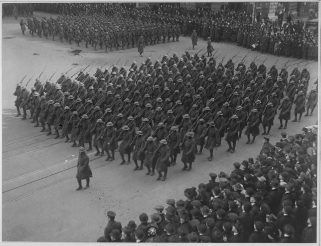 Colonel Hayward's "Hell Fighters" in parade. The famous 369th Infantry marching in New York City in honor of their return to this country.