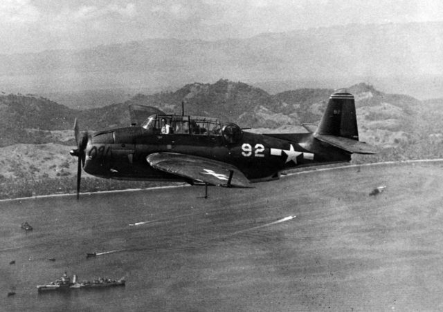A Grumman TBF Avenger from USS Santee. On that day they were usually loaded with antipersonnel bombs, air-to-ground rockets, or depth charges not useful against ships.