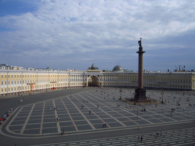 Palace Square seen in modern times. The area was the main square for the Russian Empire and many important events have occurred here. Photo Credit
