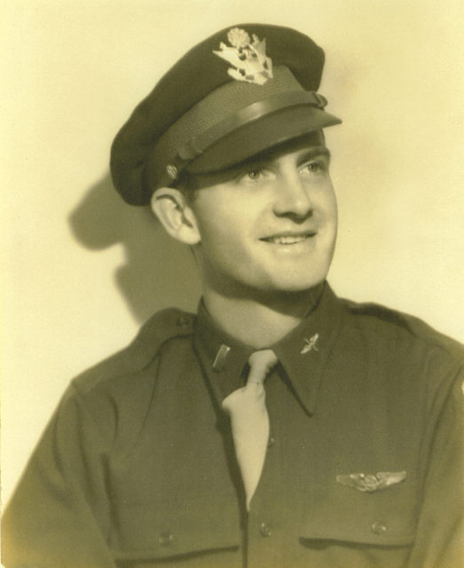 Knapp is pictured in his military uniform in 1943. After training as a navigator aboard a B-17 heavy bomber, he flew 35 combat missions in Europe during WWII. Courtesy of Marcia Krech .