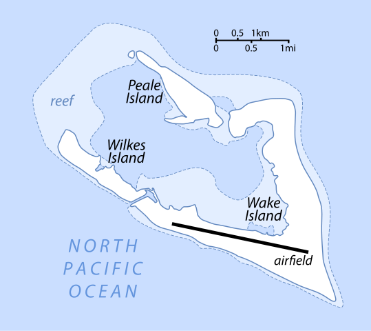 Map of Wake Island including reefs and neighbouring islands.