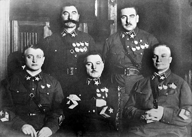 The first five Marshals of the Soviet Union in November 1935. (l-r): Mikhail Tukhachevsky, Semyon Budyonny, Kliment Voroshilov, Vasily Blyukher, Aleksandr Yegorov. Only Voroshilov and Budyonny survived the Great Purge. By Unknown - http://www.rkka.ru/uniform/files/a24.htm, Public Domain, https://commons.wikimedia.org/w/index.php?curid=1553557 