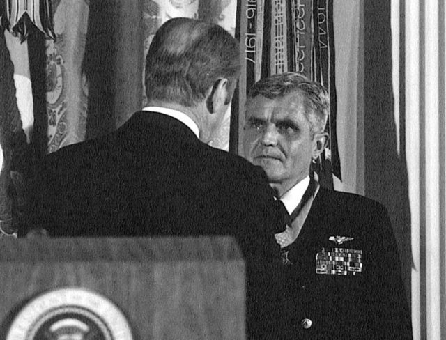 Stockdale receiving his Medal of Honor from President Gerald R. Ford on March 4, 1976 Image Source: