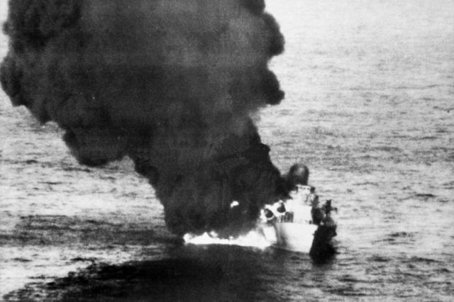 A Libyan Nanuchka-class corvette on fire at the Gulf of Sidra on March 24, 1986 – destroyed by U.S. Navy Grumman A-6E Intruder plane